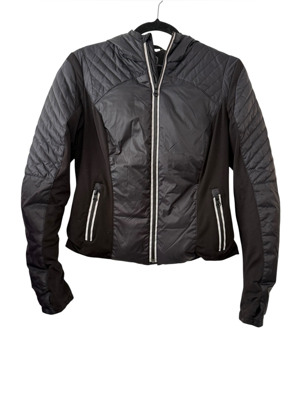 Blanc Noir Black Packable Down Puffer Hooded Stretch Jacket Medium